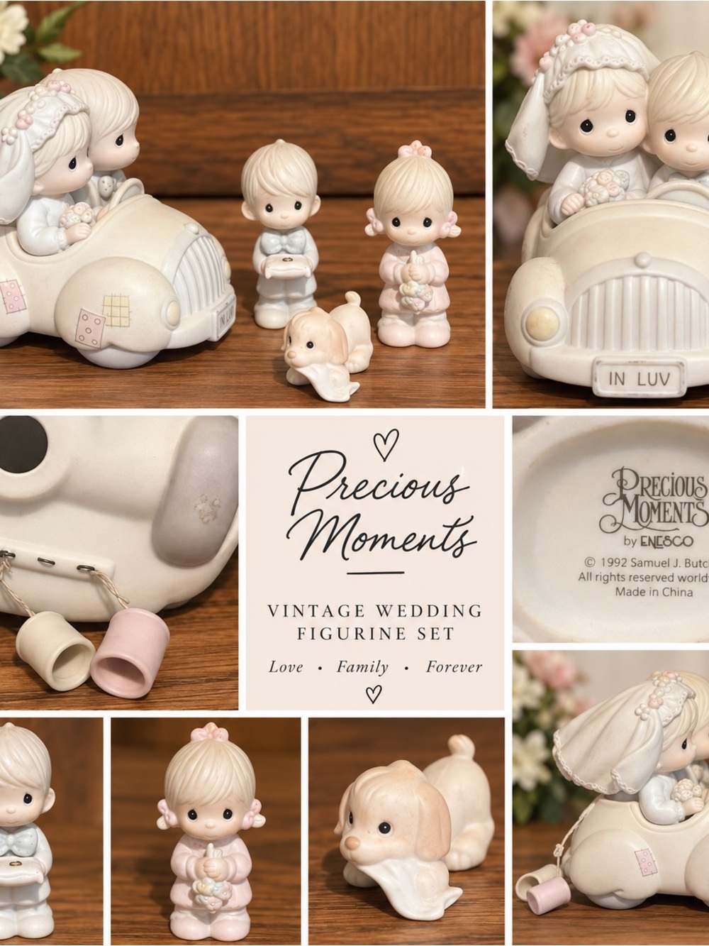 Precious Moments Wedding “In Luv” Car Figurine Set Bride Groom Children & Puppy